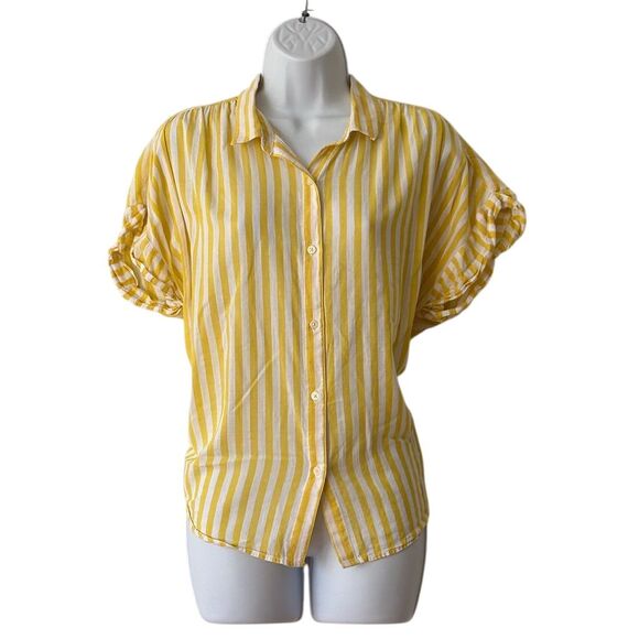 GAP Women's L Yellow Striped Short Sleeve Button-Up Blouse Casual - Picture 6 of 6